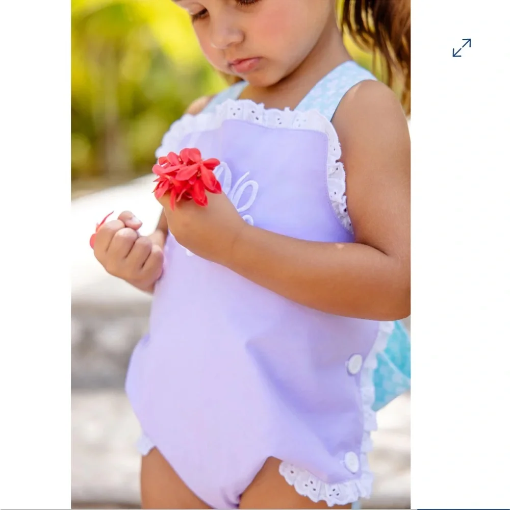 Beaufort Bonnet Company Sisi Sunsuit Lauderdale Lavendar with Dunmore Doo-Dad 3T